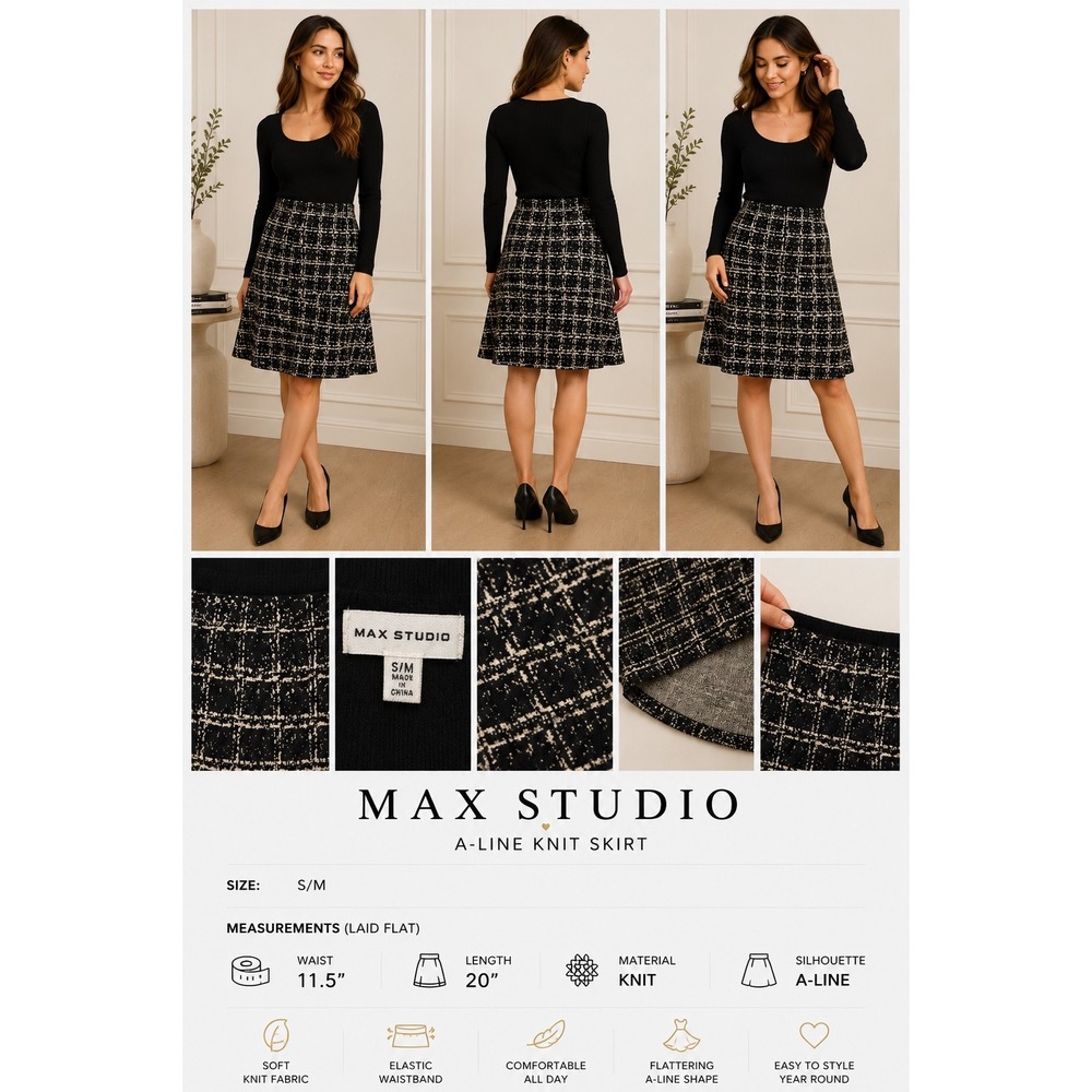Max Studio Black White Knit A-Line Skirt Size S/M Tweed Pattern A709119
